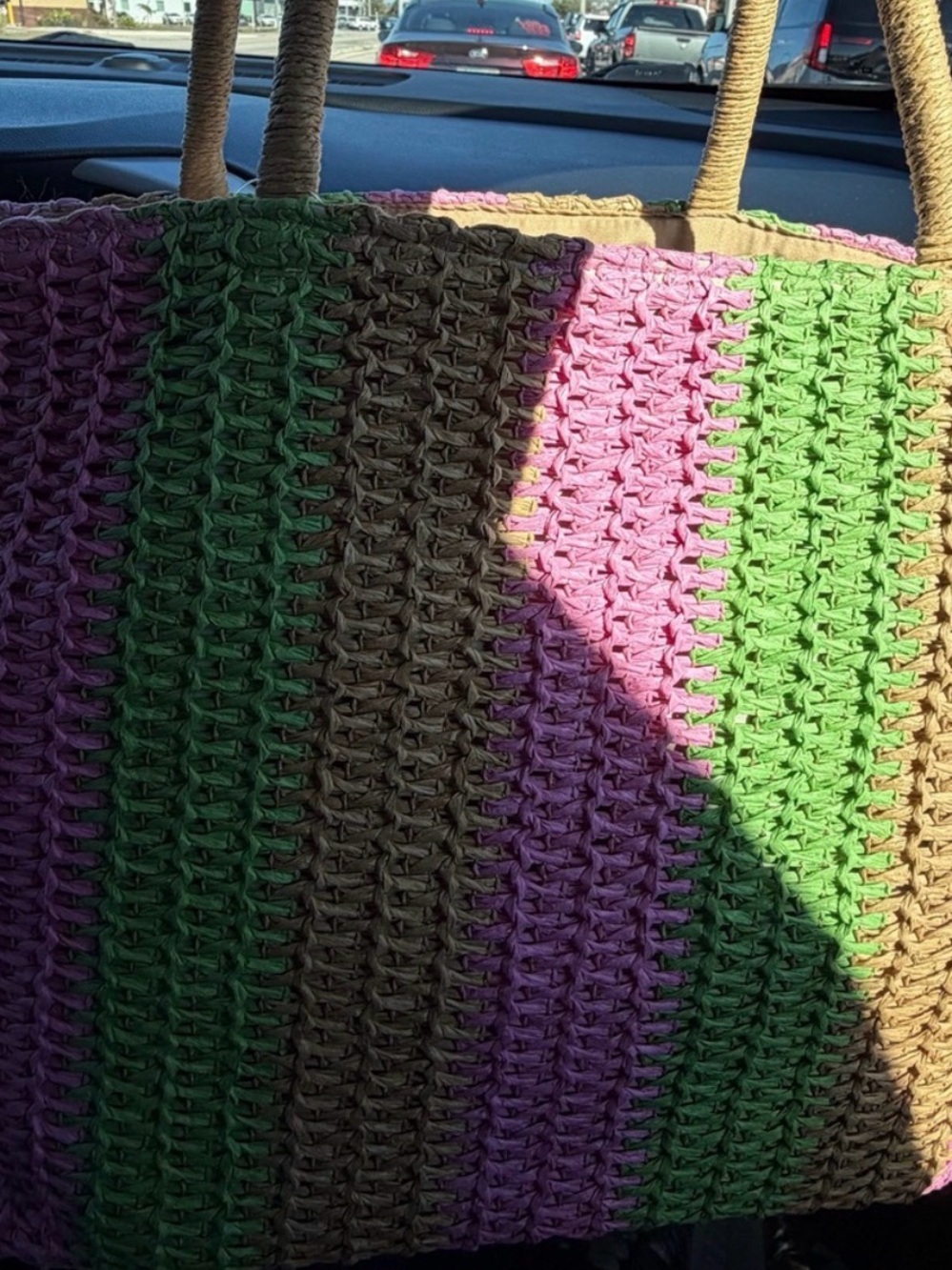 Oversized Woven Striped Tote/Beach Bag in Pink, Green & Tan - Picture 3 of 5